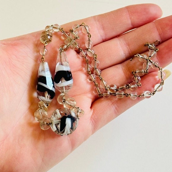 VTG Czech Art Deco Glass Choker necklace Flapper clear black carved beaded 18" - Picture 1 of 8